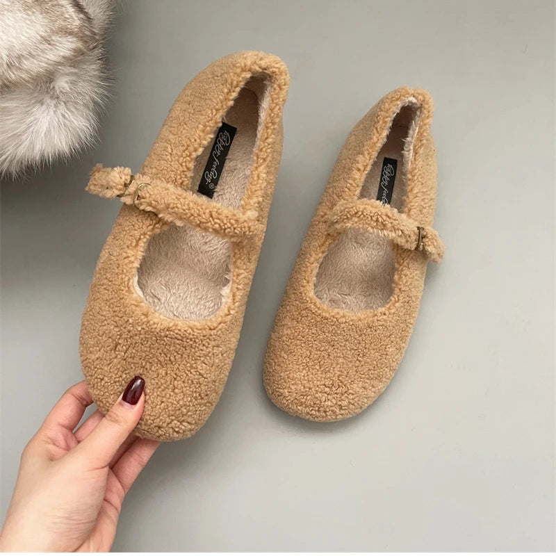 Futurecen  Spring Autumn Women Fur Shoes Fashion Shallow Buckle Ladies Flats Round Toe Women's Comfort Keep Warm Street Shoes