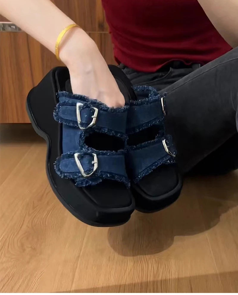 Futurecen Designer Summer Denim Woman Slippers Fashion Open Toe Platform Flats Slides Shoes Outdoor Dress Sandalias