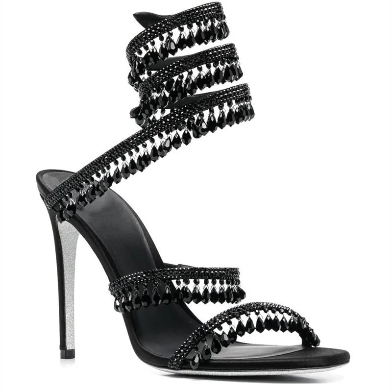 Futurecen Fashion Crystal Pendant Tassels Women Sandals Sexy Snake Coiled Stiletto High heels Gladiator sandals Summer Wedding Party Shoes