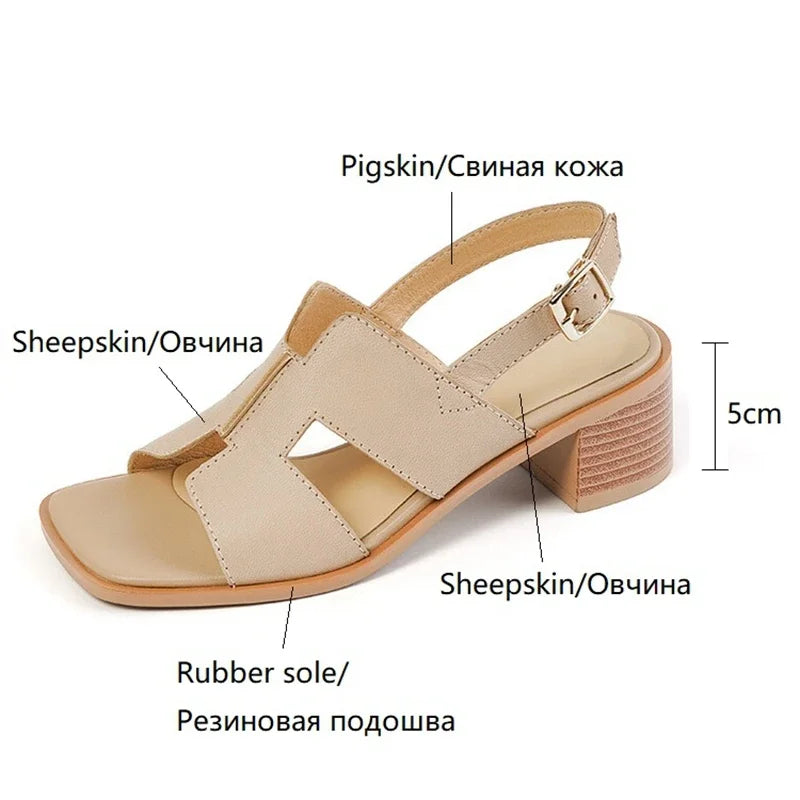 Futurecen NEW Summer Women Sandals Square Toe Chunky Heel Shoes Genuine Leather Shoes for Women Concise High Heels Buckle Ladies Shoes