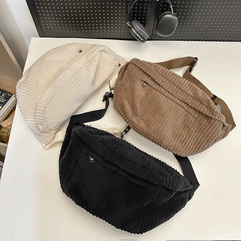 Futurecen  -  Large Capacity Waist Bag Women Shoulder Crossbody Bags Casual Fanny Pack Simple Phone Purse Corduroy Waist Bag Ladies Banana Bag