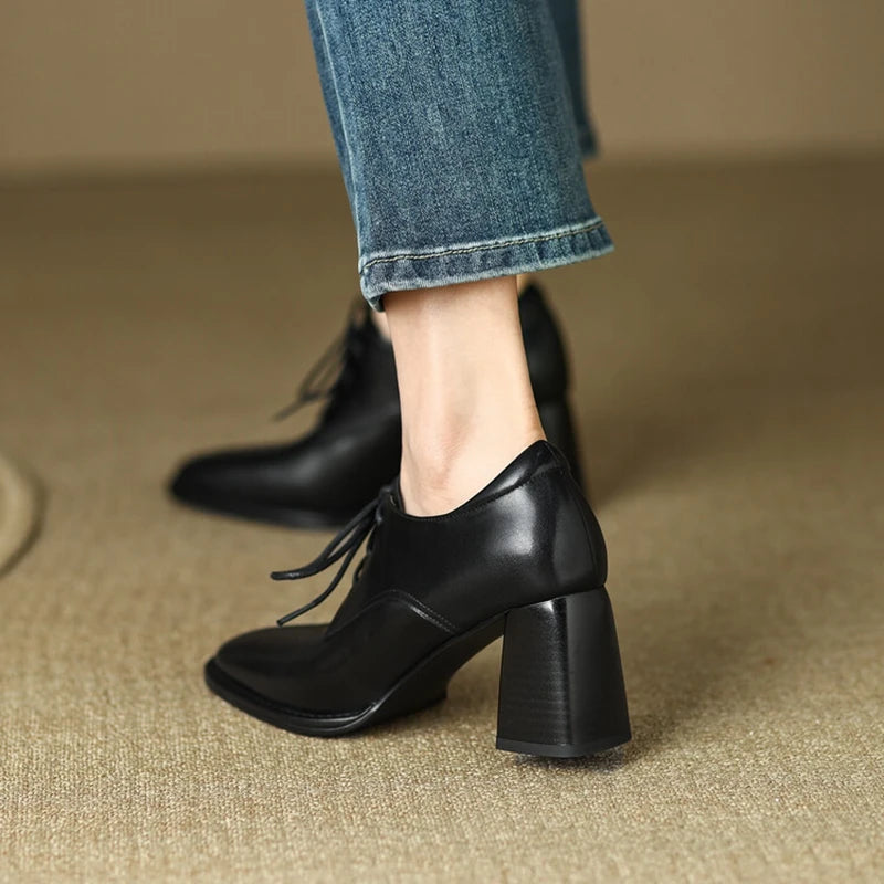 Futurecen  -  NEW Spring/Autumn Women Loafers Square Toe High heels Split Leather Chunky Heel Pumps Women Plus Size Retro Lace Up Black Shoes