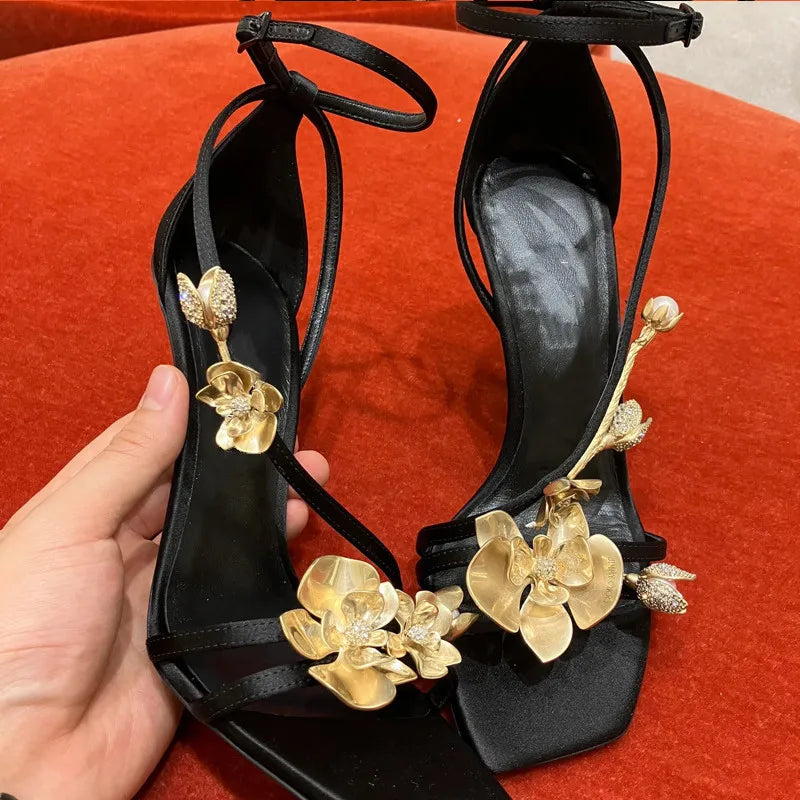 Futurecen Star style Metal Flowers Women Sandals Sexy Narrow band Stiletto High heels Gladiator Sandals Summer Fashion Party Prom Shoes