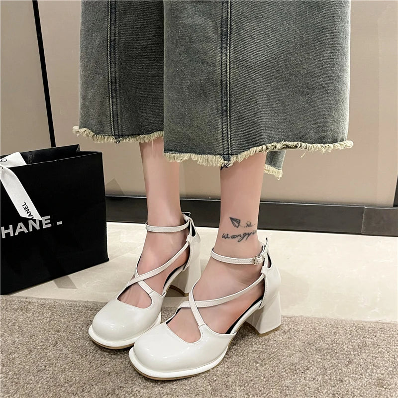 Futurecen Fashion Women Shoes 2024 High Heel Sandals Shallow Mouth Round Toe Suit Female Beige Luxury High-heeled Elastic Band  Retro