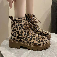 Futurecen  -  Women Leopard Print Autumn/winter Thick Soled Lace Up Fashion Boot Platform Comfort Waterproof Non Slip 42 Size Ankle Boots