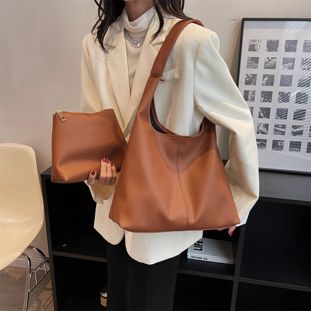 Futurecen  Simple Fashion Single Shoulder Tote Bag Set For Women Soft Leather Pure Color 2-In-1 Large Capacity Shopper Tote Handbags Female