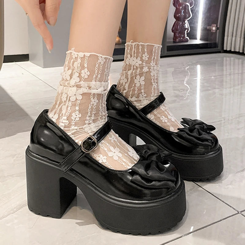 Women's Fashion Bowknot Platform Pumps Mix Color Chunky High Heels Mary Jane Shoes for Women Patent Leather Ankle Strap Pumps