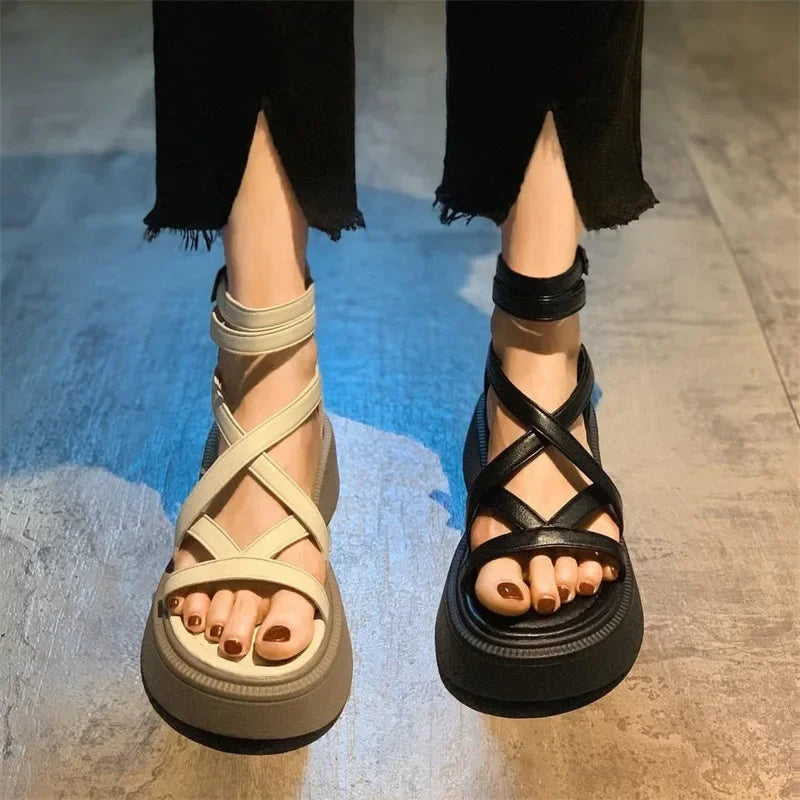 Futurecen Thick Heel Women Sandals Women's New Hollow Open Toe Shoes Fashion Casual Sandals Female Designer Flat Roman Shoes Summer