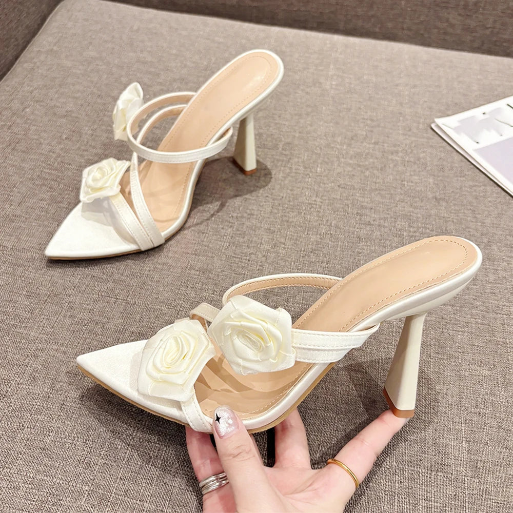 Futurecen 2024 Summer New Fashion Pointed Flower Sexy Sandals Stiletto High Heels Sexy Runway Slippers Women Elegant Banquet Shoes