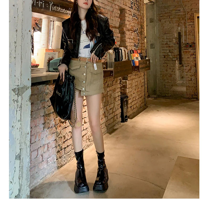 Futurecen Punk Style Woman Knee-High Boots Zipper Fashion Patent Leather Long Booties Autumn Winter High Heel Ladies Shoes