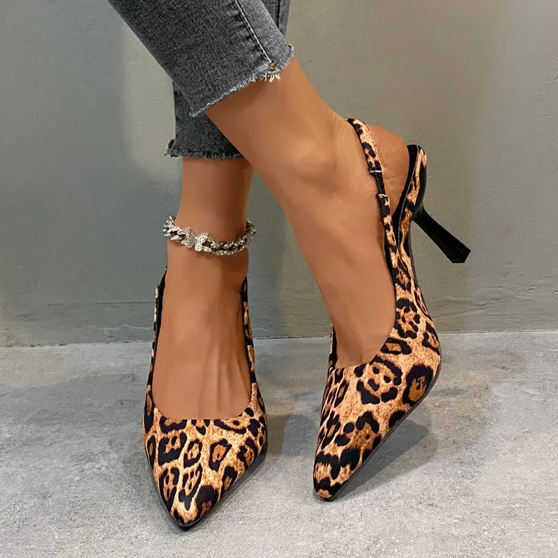 Futurecen  -  Spring New Brand Woman Slingback Shoes Fashion Leopard Print Ladies High Heels Elegant Pointed Toe Slip on Sandal Mules