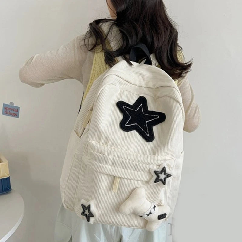 Futurecen Cute Y2K Aesthetic Backpack Stars Pattern Preppy Rucksack College Student Computer Backpack Corduroy Bookbag for Girl