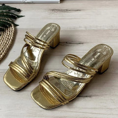 Futurecen Fashion Large 42 Thick Heel Slippers for Women Summer New Gold Strap Square Head Party Slides Outside Roman Banquet Shoes