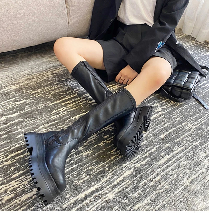 Futurecen 2024 Winter Chunky Platform Heels Long Boots Round Toe Zipper Thick Sole Ladies Fashion Winter Women's Knee High Boots