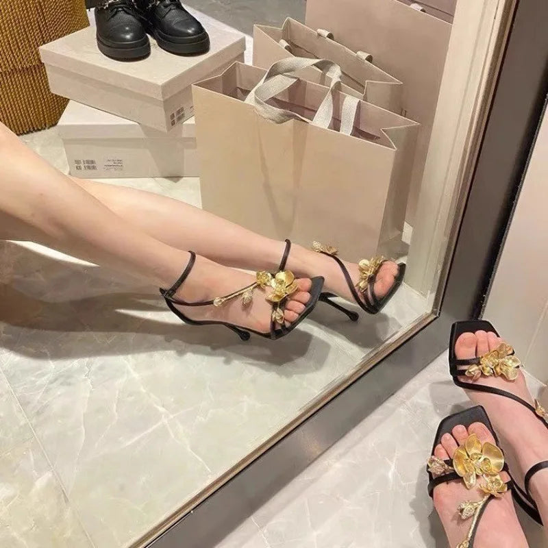 Futurecen Golden Flowers Elegant Woman Heels for Women High-heeled Sandals Women's Shoes Elegant Heel Luxury Sandal Women's