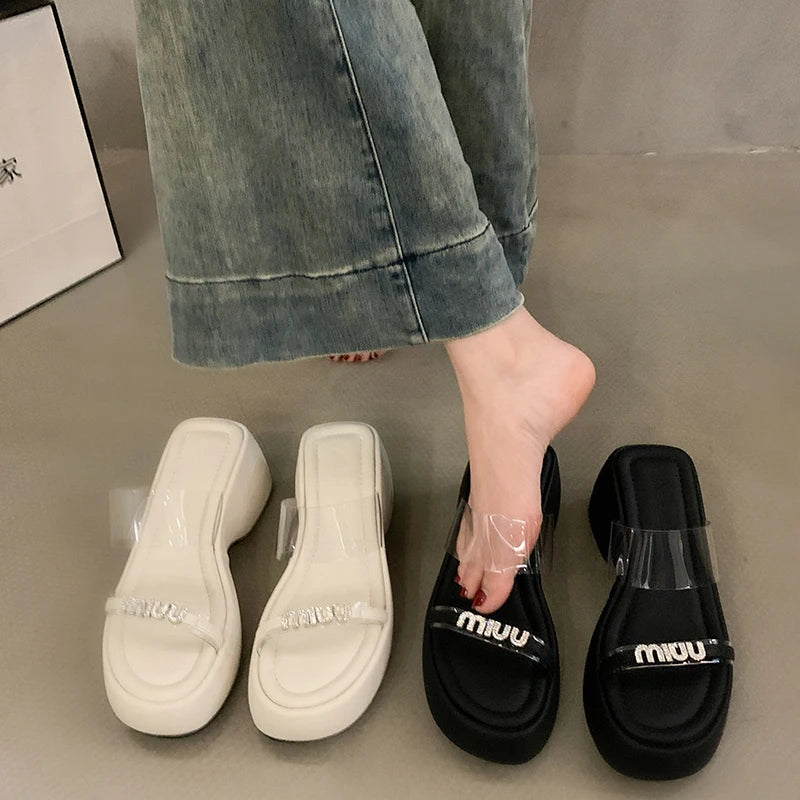 Designer Summers Chunky Women Slippers Fashion Elegant Rhinestone Platform Thick Heel Slides Ladies Outdoor Beach Sandal