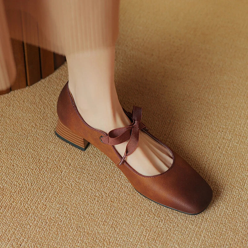 Futurecen  -  NEW Spring Women Pumps Split Leather Shoes for Women Square Toe Low Heel Pumps Retro Brown Mary Janes Shoes Lace-up Women Shoes