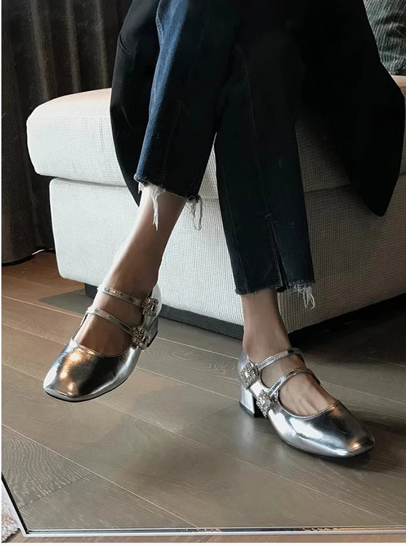 Futurecen Square Toe Women Mary Jane Shoes Fashion Rhinestone Ladies Elegant Low Heel Shoes Street Style Women's Outdoor Single Shoes