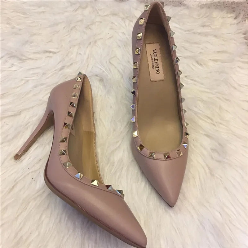 Futurecen  New Luxury Brand High Heels Women's Shoes Metal Rivet Pointed Black Pumps Fashion Sexy Genuine Leather Women's Single Shoes