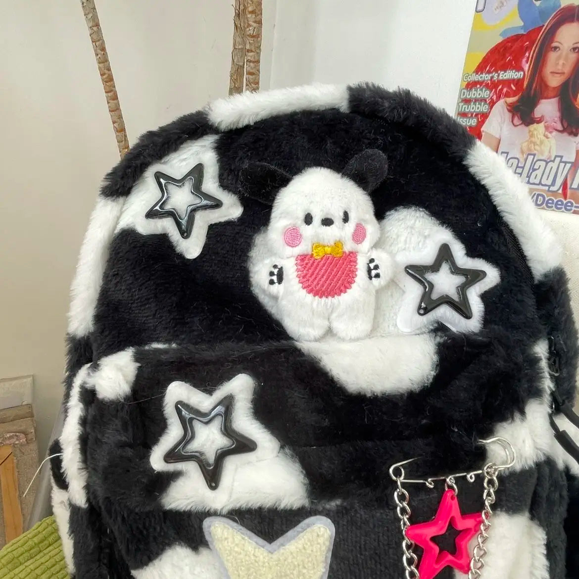 Futurecen  -  fancy bags Y2k Star Backpack Large Capacity Girls Fluffy School Bag Children Kawaii Fur Travel Bag Japanese Style Chain Cute Book Bags New