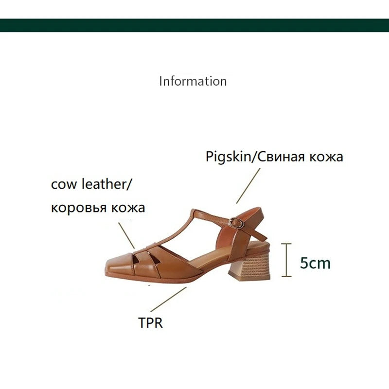 Futurecen  -  Summer Women Shoes Fashion Square Toe Chunky Heel Women Sandals Cow Leather Solid High Heels Casual Roman Shoes for Women