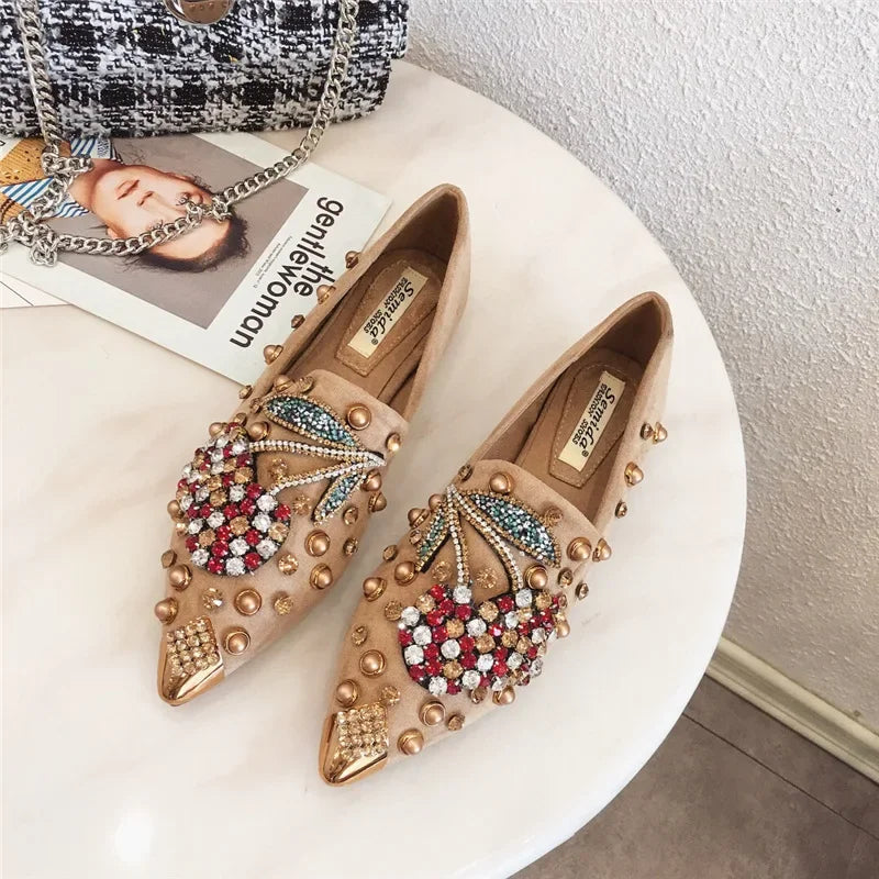 Futurecen  -  trending shoes New Pointed Toe Women Flat Rhinestones Loafers Autumn Rivets Classic Ladie Flats Shoes Women's Ballet Flats Soft Boat Shoes