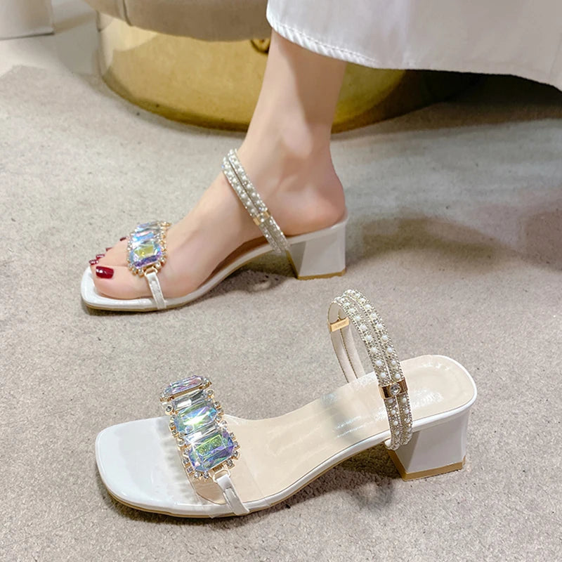 Futurecen  Fashion Rhinestone Sandals for Women Summer Square Heels Open Toe Slippers Woman Transparent PVC Jelly Sandals