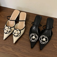 Flower Pointed Toe High Heels Women Luxury Designer Sandals Female Summer Elegant Fashion Pumps Woman Flower Mule Slippers Women