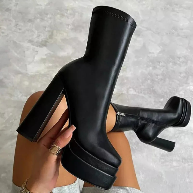 Autumn Winter Chunky High Heels Ankle Shoes for Women Punk Style Zipper Thick Platform Elasticity Microfiber Boots Botines Mujer