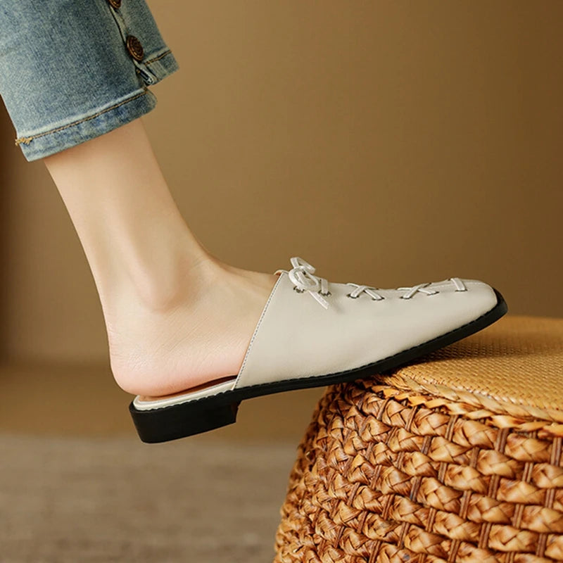 Futurecen  -  NEW Summer Women Shoes Genuine Leather Shoes for Women Cover Toe Low Heel Slippers Concise Cross-tied Square Toe Women Sandals