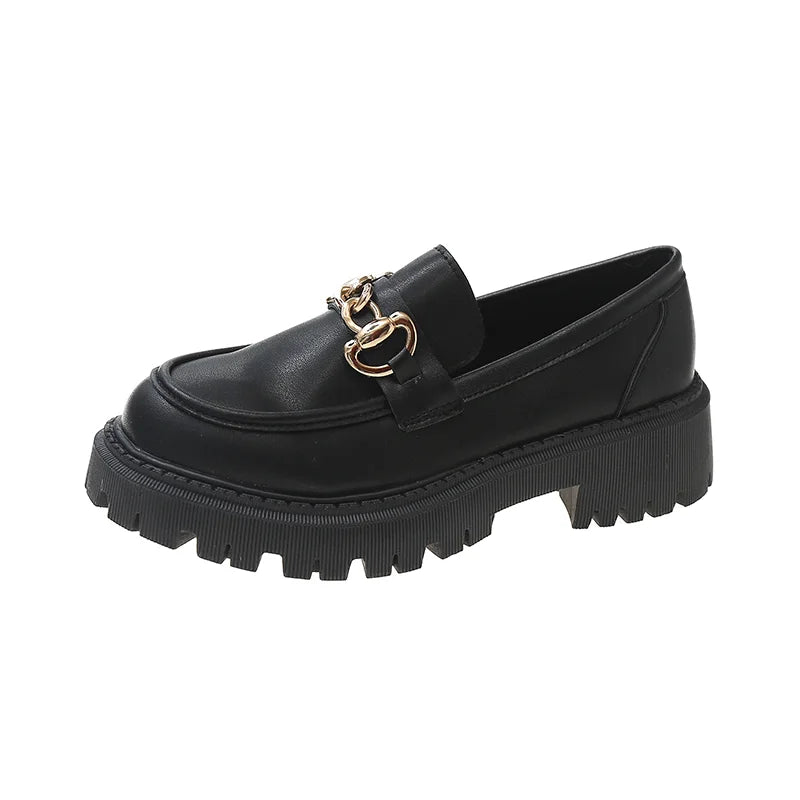 Female Shoes Women Fashion Mary Janes Round Toe Flats Loafers Oxfords Platform Casual Metal Chain Buckle Ladies Heels Black