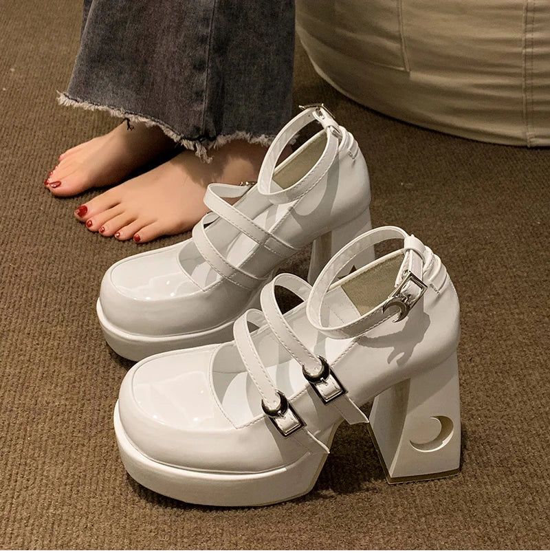 Futurecen Pumps Lolita Shoes Platform Mary Jane Shoes Star Buckle Strap Women Cross-tied Pu Leather Girls Rivet Casual Shoes kawaii