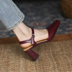 Futurecen Women Pumps One Strap Ladies Shoes Retro Style High Heel Elegant Women Sandal Square Toe Spring Autumn Real Leather Dress Shoes