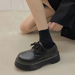 Futurecen  -  Black Platform Mary Jane Shoes Lace Up Round Toe Casual Small Leather Shoes Summer Loafers New Versatile Kawaii Women Shoes