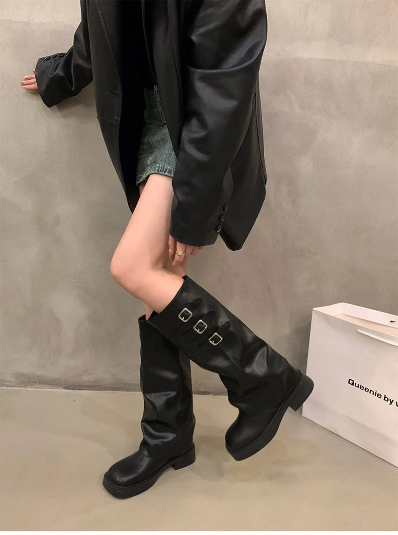 Futurecen 2024 Winter Cowboy Boots For Women Fashion Belt Buckle Long Boots Female Elegant Square Heel Women's Knight