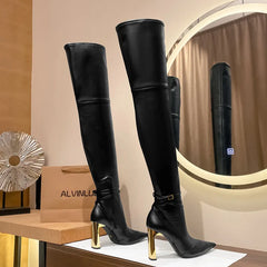 Futurecen Fashion Autumn Winter Soft Leather Stretch Women Thigh high Boots Elegant Pointed toe High heels Over the knee Boots Party Shoes