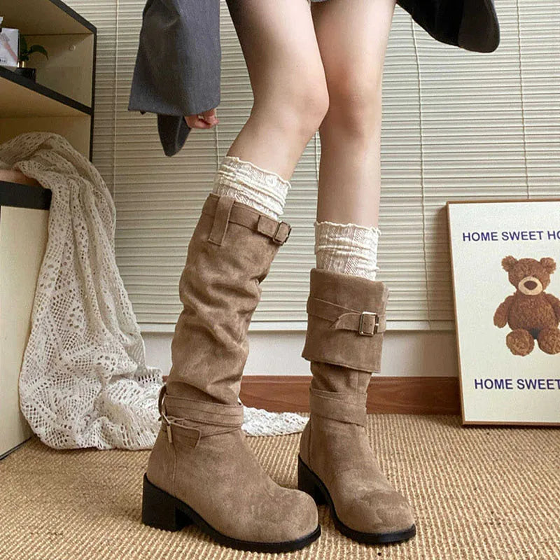 Futurecen Platform Thick Heel Women Western Cowboy Boots Fashion Slip On Folded Pile Long Booties Female Shoes Autumn Winter