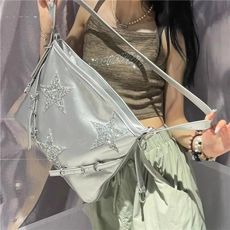 Futurecen  -  fancy bags Y2k Girls Star Crossbody Bags for Women Korean Fashion Silver Shoulder Bag Luxury Designer Tote Handbag Large Capacity New