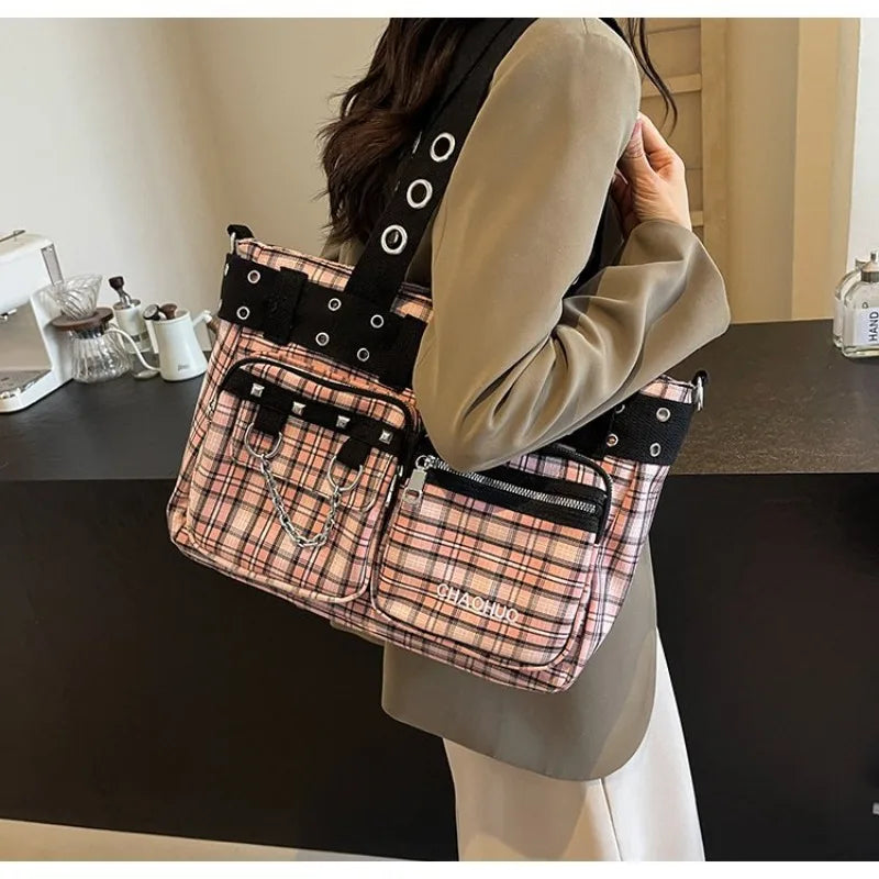 Futurecen  -  Gothic Punk Tote Bags Women Y2K Large Capacity Moto Style Shoulder Bolso Mujer Designer Luxury Plaid Crossbody Bag Female