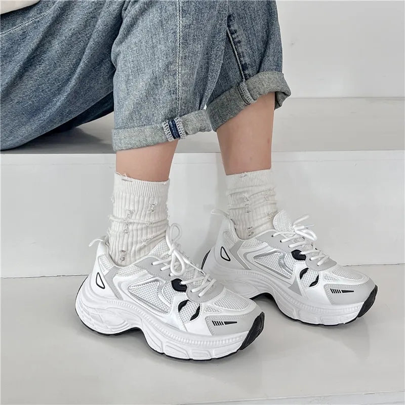 Futurecen  -   Women Trendy Sneakers Lace-up Platform Women Shoes Thick-soled Mesh Breathability Patchwork Color Women Casual Shoes