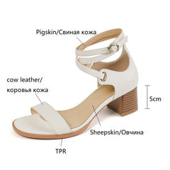 Futurecen NEW Summer Shoes Women Round Toe Chunky Heel Sandals Women Cow Leather Solid Cover Heel Shoes for Women Beige/Black Chic Shoes