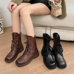 Futurecen  -  Women Mid Calf Boots Fashion Lace Up Platform Thick Heel Motorcycle Booties Retro Style Autumn Winter Female Shoes S13