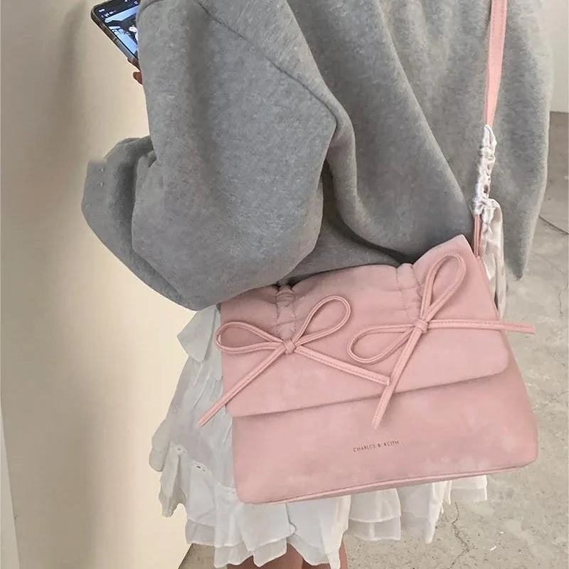 Futurecen Pink Womens Shoulder Bag 2024 Fashion Pleated Elegant Casual Bow Tote Bag Scarves Large Capacity Exquisite Female Handbag