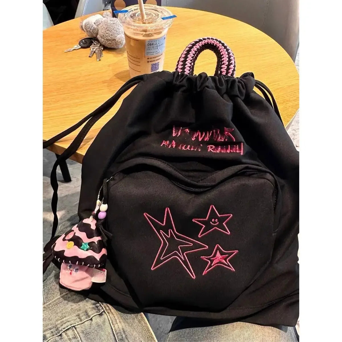 Futurecen  -  American Vintage Denim Travel Backpack Y2k Star Embroidery Drawstring Preppy Student Schoolbag Fashion Travel Bag Femme Mochila