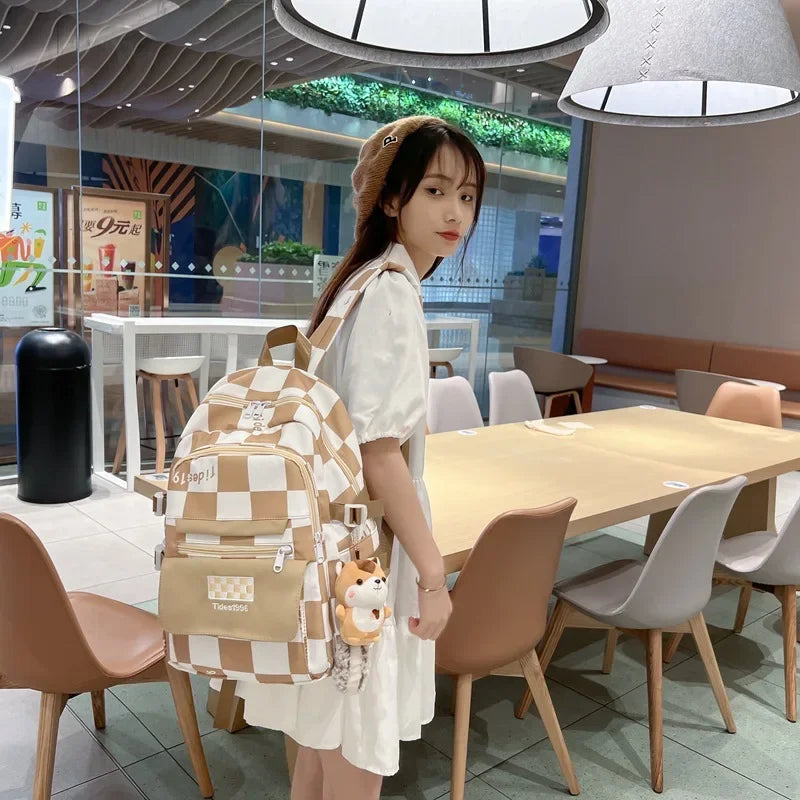 Futurecen Casual Backpack for Students Checkerboard Plaid Schoolbag for Female Junior High School Large-capacity Design Multi-pocket