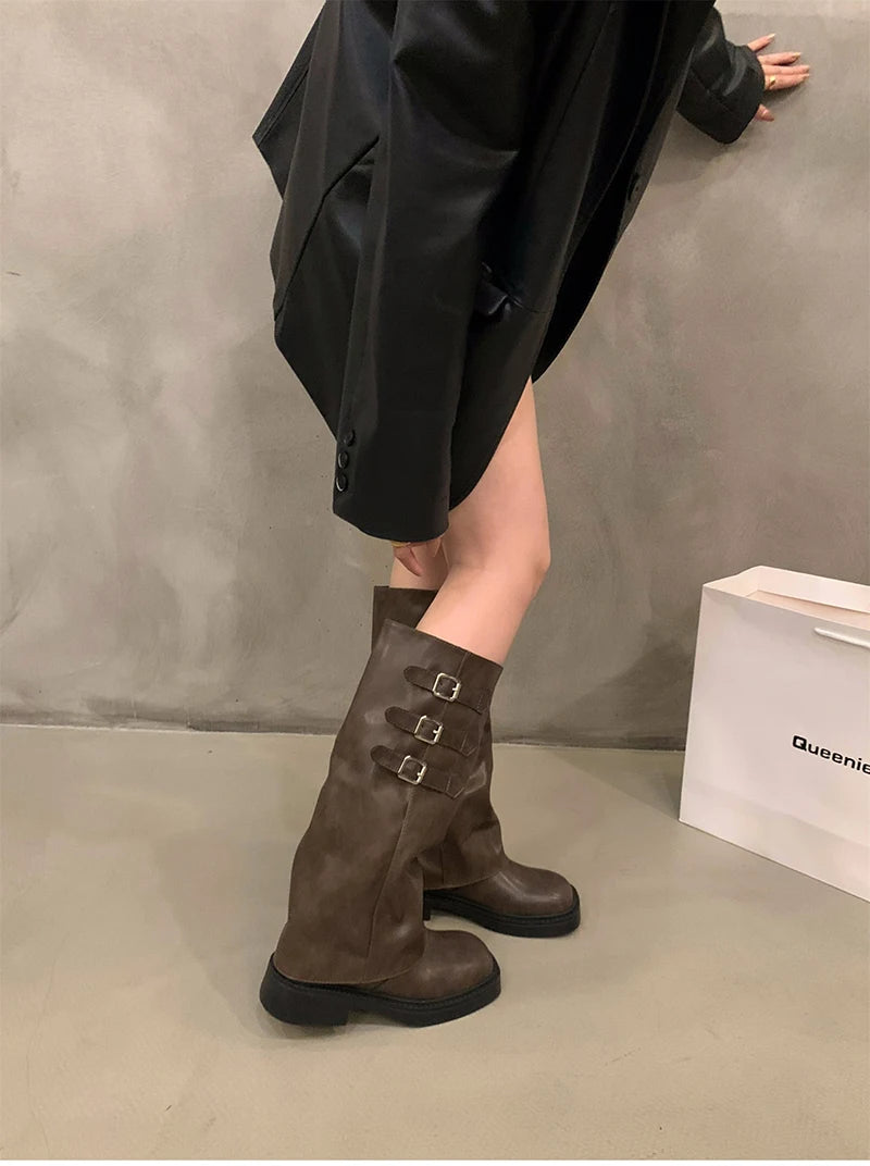 Futurecen 2024 Winter Cowboy Boots For Women Fashion Belt Buckle Long Boots Female Elegant Square Heel Women's Knight