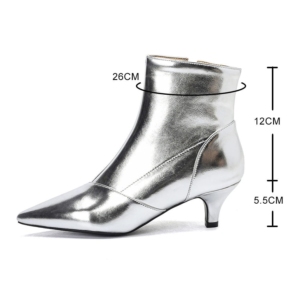 Futurecen Pointed Toe Ankle Boots For Women Fashion Side Zippers Short Boots Female Slim Thin High Heels Gold Silver Shoes Booties