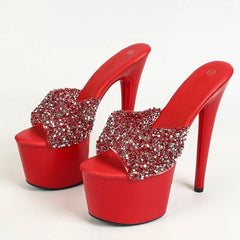 Futurecen Fashion Platform Bling Sequin Wedding Stripper Woman Slippers Sexy Peep Toe Fetish Thin High Heels Summer Shoes