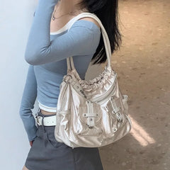 Futurecen  Y2k White Shoulder Bag for Women Pleated Soft Autumn New Trendy Tote Bag Multi-pocketed Large Capacity Handbag Sac