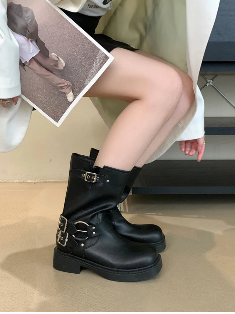 Futurecen Chic Square Toe Women Western Cowgirl Boots Fashion Belt Buckle Short Booties Autumn Winter Female Low Heel Shoes